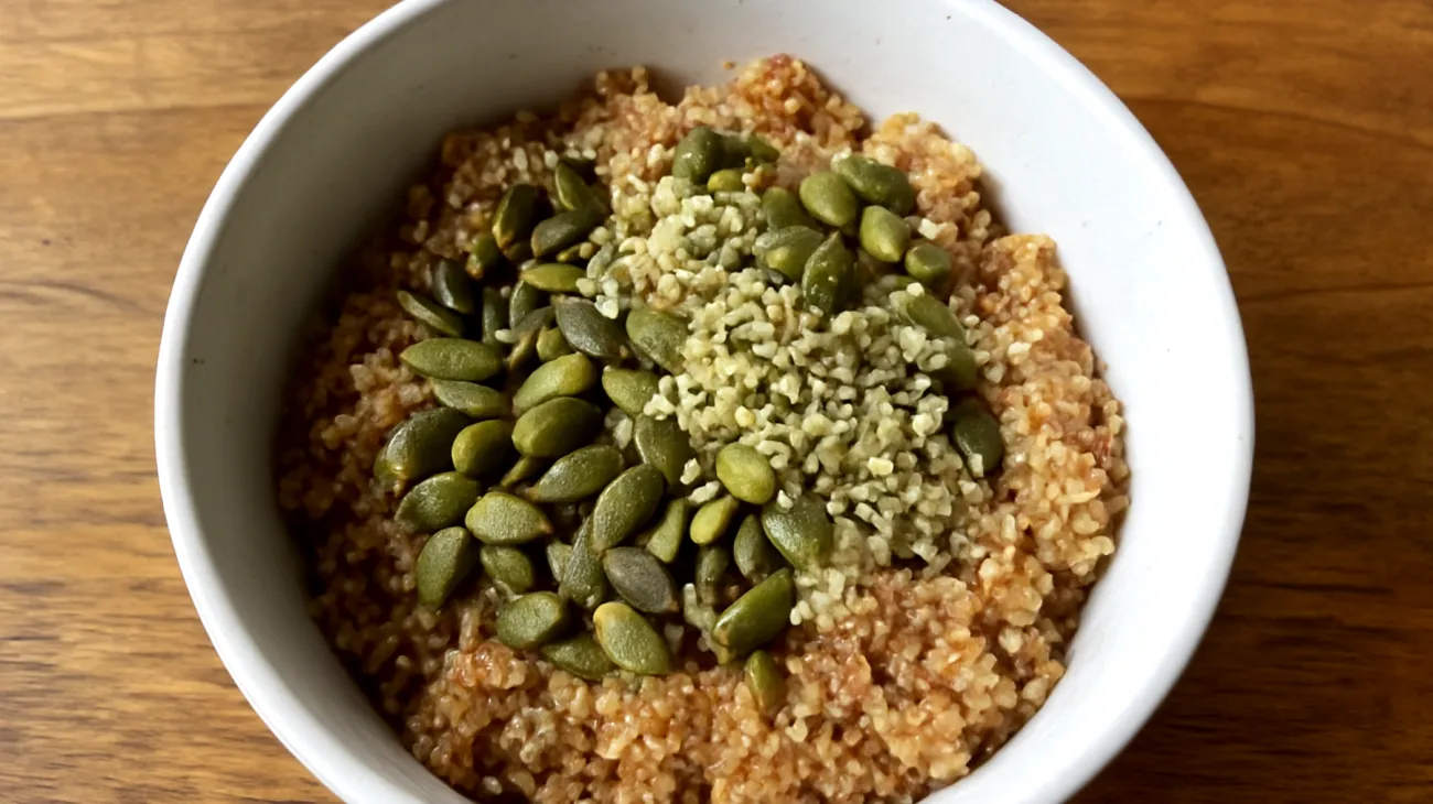 Amaranth-Quinoa-Bowl mit gerösteten Kürbiskernen und Hanfsamen"