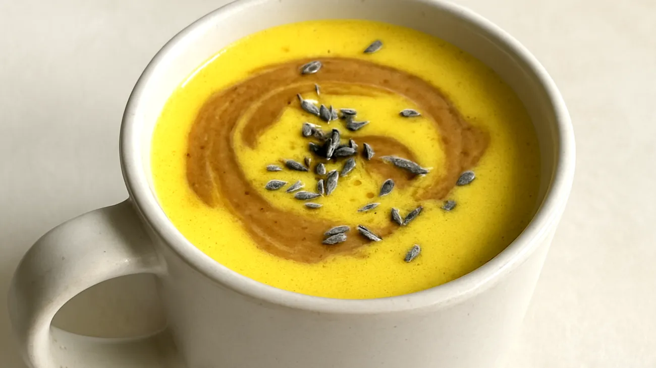 Goldene Milch mit Mandelmus und Lavendelblüten"