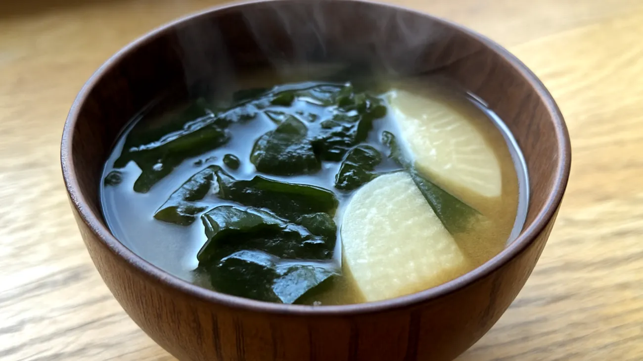 Miso-Suppe mit Wakame-Algen und Daikon-Rettich"