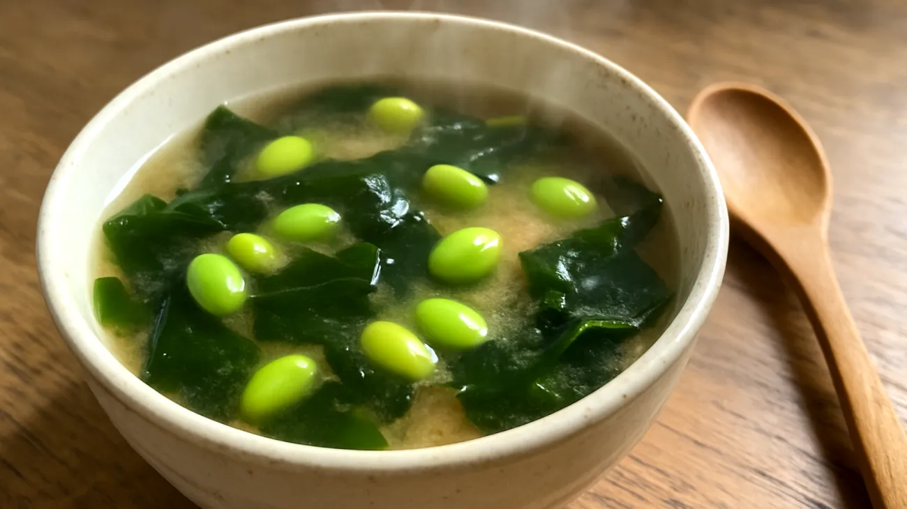 Miso-Suppe mit Wakame-Algen und Edamame"