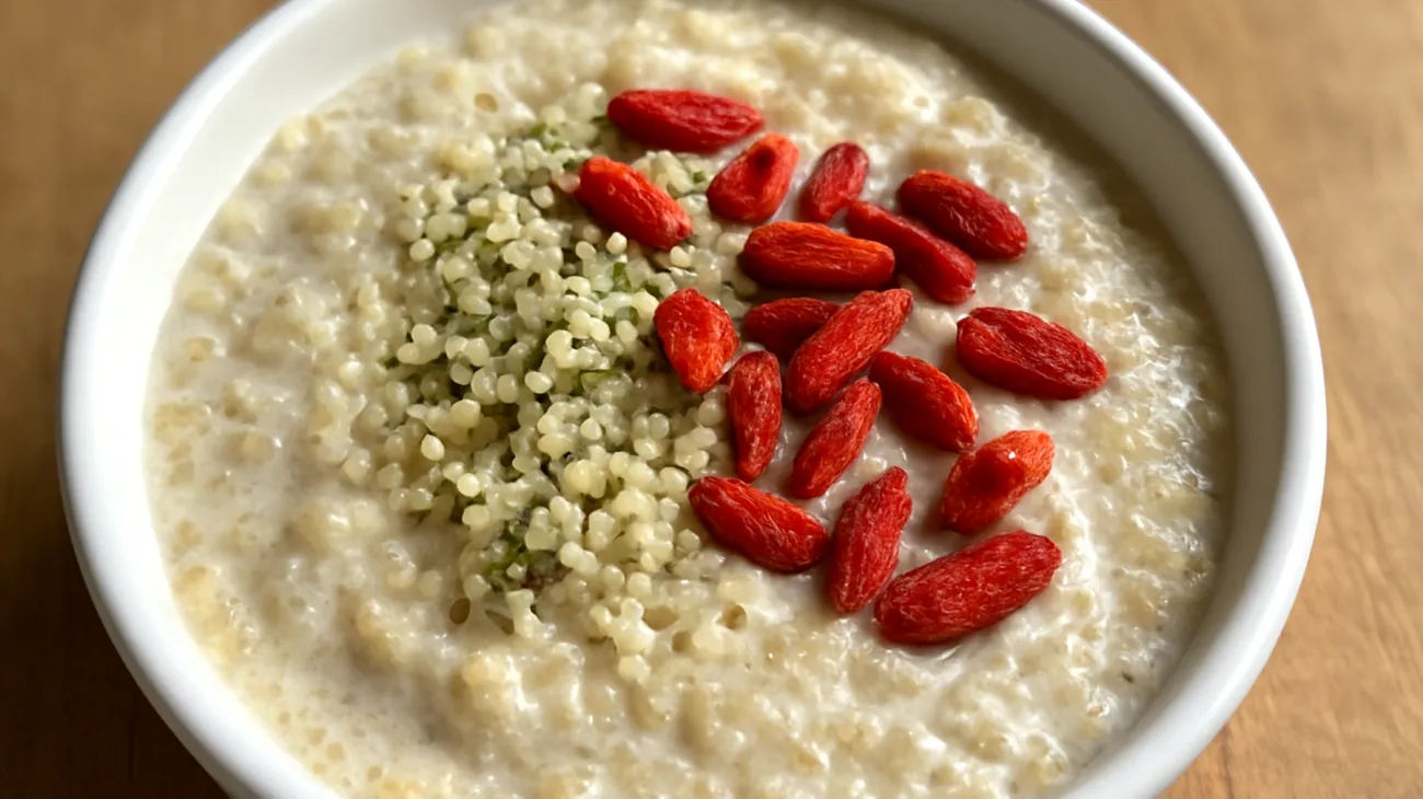 Amaranth-Quinoa-Pudding mit Hanfsamen und Goji-Beeren"