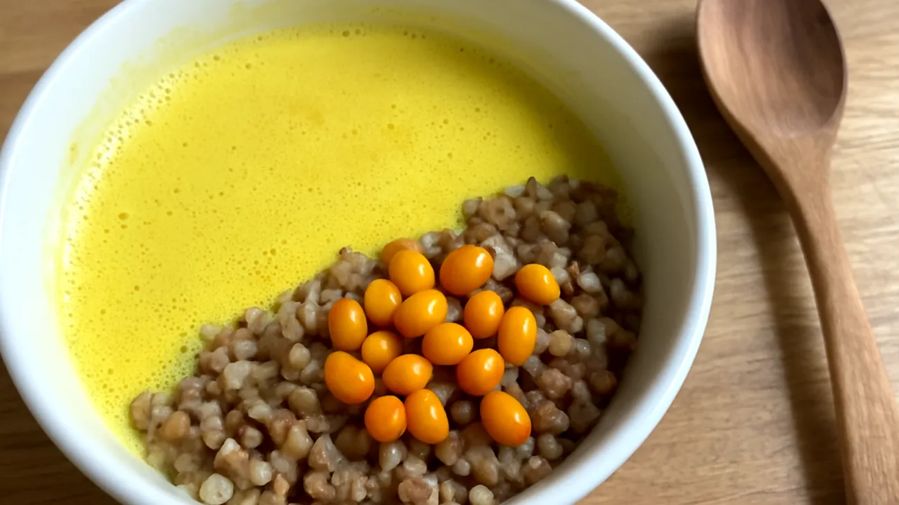 Goldene Milch mit Buchweizen-Porridge und Sanddornbeeren"