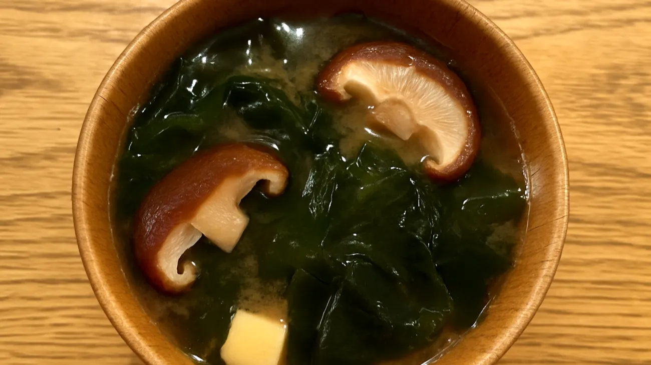 Miso-Suppe mit Wakame-Algen und Shiitake-Pilzen"