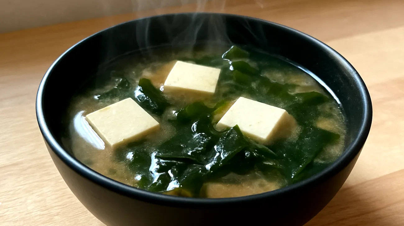 Miso-Suppe mit Wakame-Algen und Tofu-Würfeln"