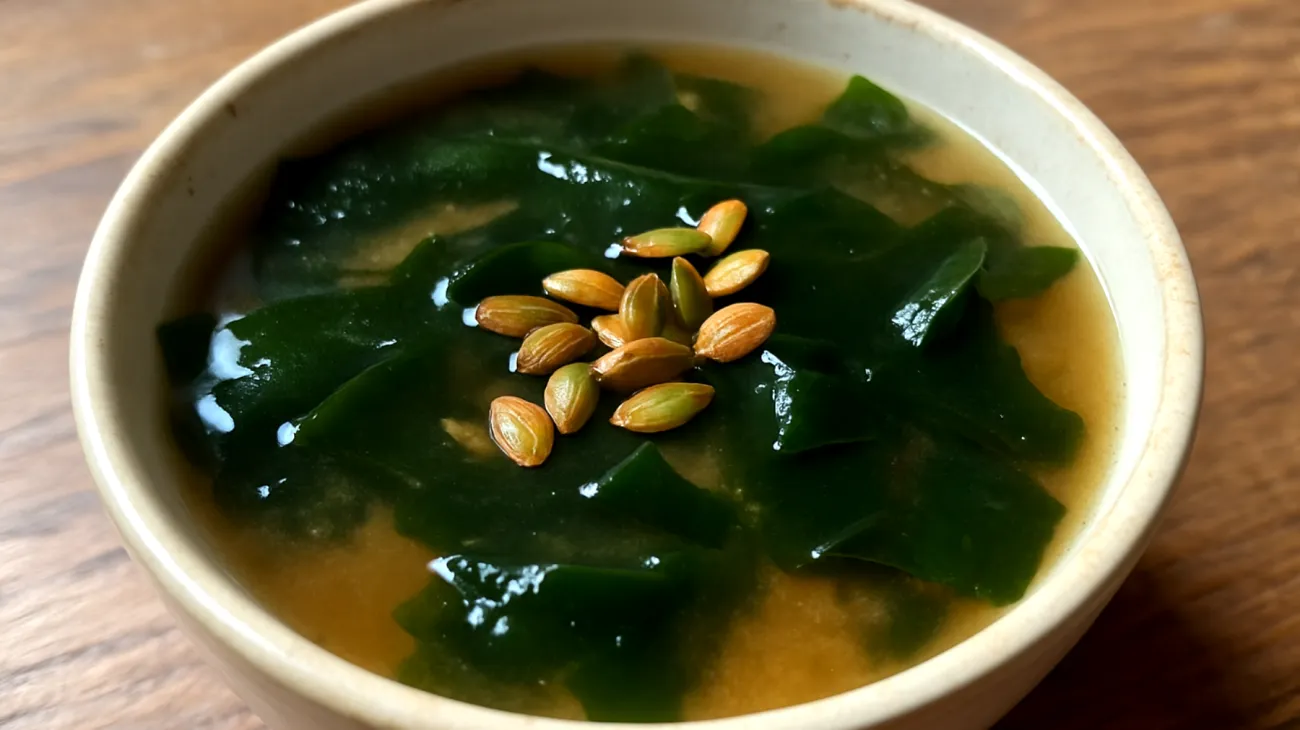 Miso-Suppe mit Wakame-Algen und gerösteten Kürbiskernen"